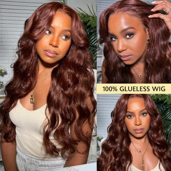 Reddish Brown 13x4 Lace Front Wigs Human Hair High Density Bleached Knots - Picture 2 of 5